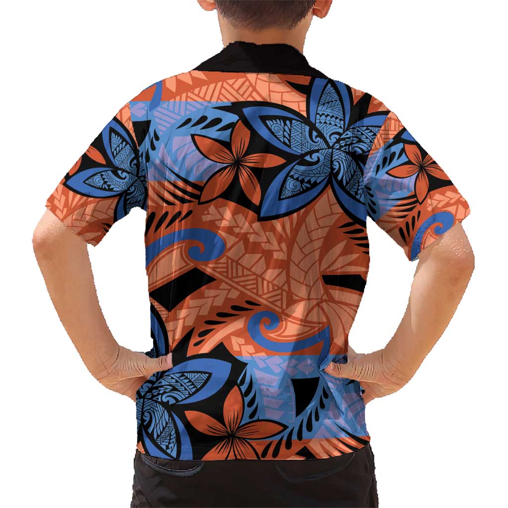 Plumeria Polynesian Pattern Family Matching Short Sleeve Bodycon Dress and Hawaiian Shirt Unique Fantasy Orange Blue