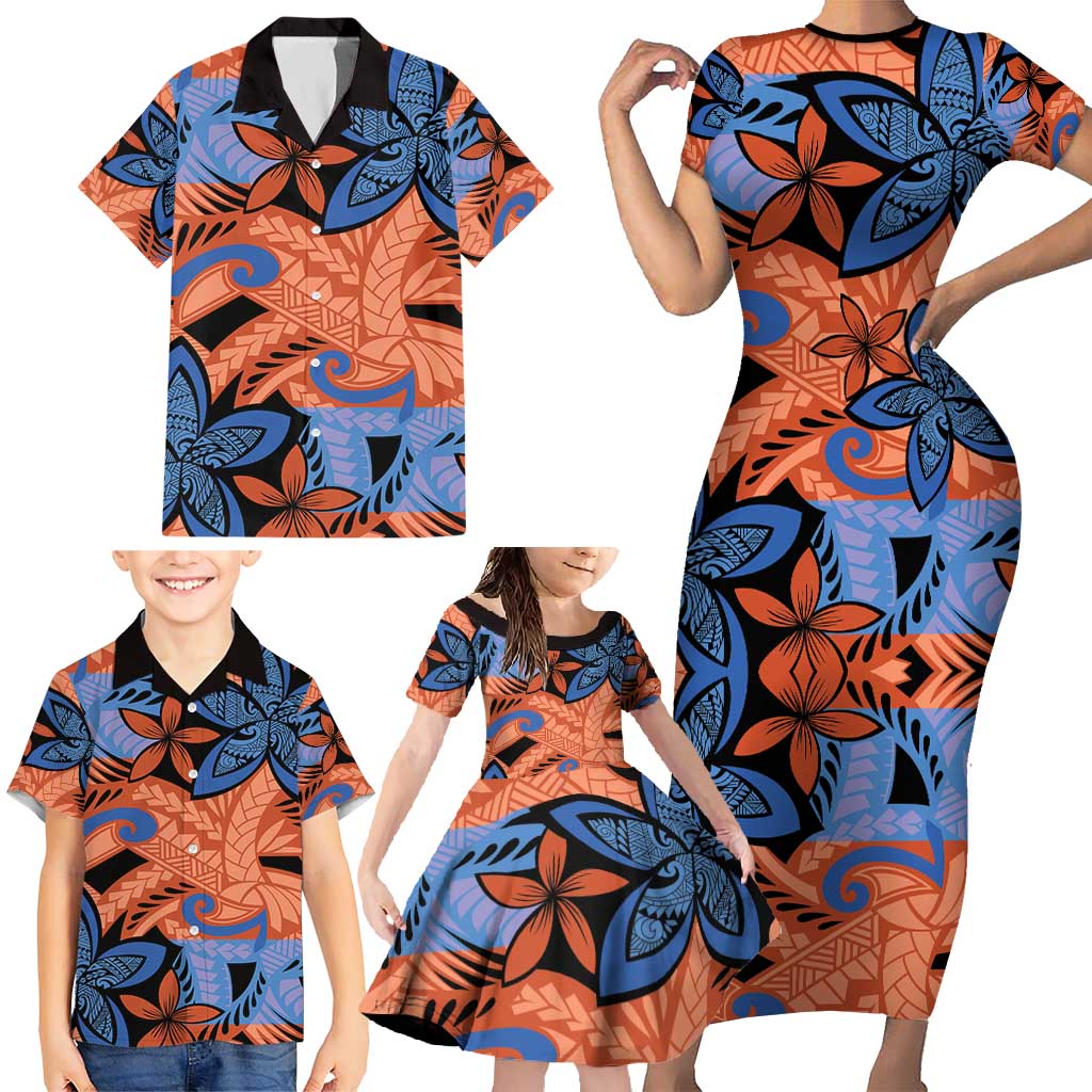 Plumeria Polynesian Pattern Family Matching Short Sleeve Bodycon Dress and Hawaiian Shirt Unique Fantasy Orange Blue