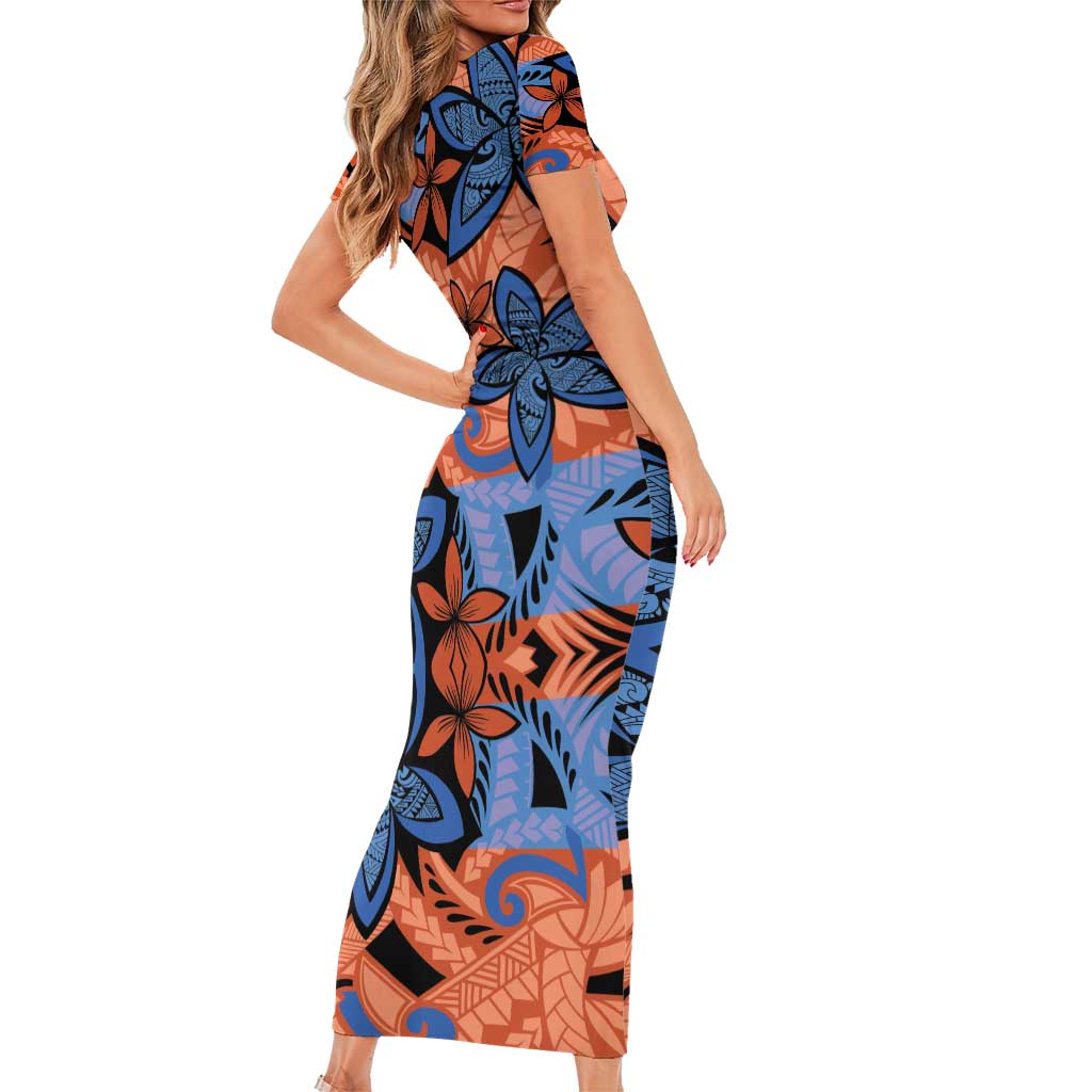 Plumeria Polynesian Pattern Family Matching Short Sleeve Bodycon Dress and Hawaiian Shirt Unique Fantasy Orange Blue