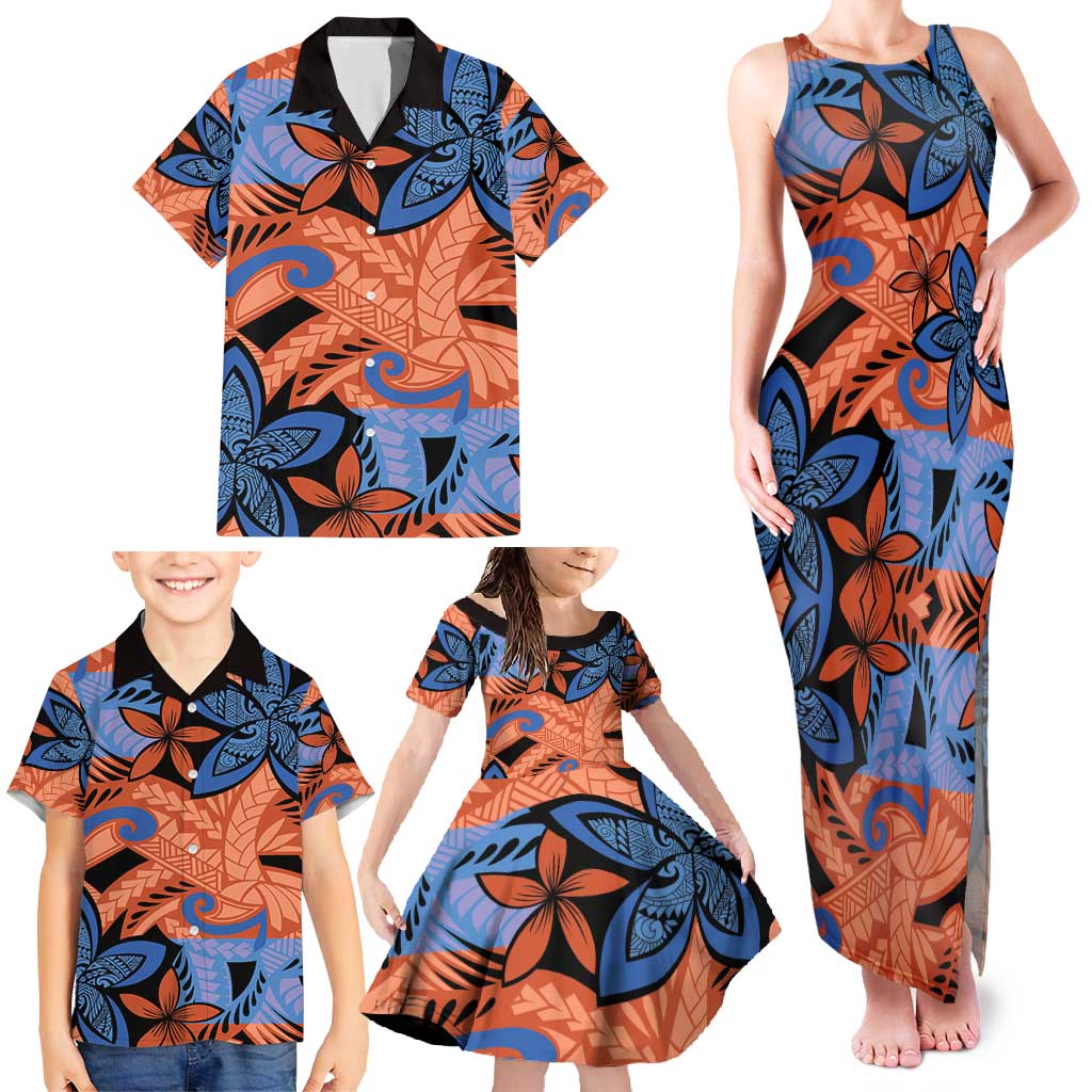 Plumeria Polynesian Pattern Family Matching Tank Maxi Dress and Hawaiian Shirt Unique Fantasy Orange Blue
