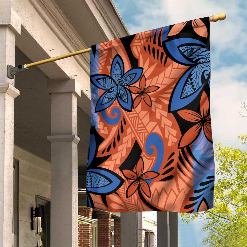 Plumeria Polynesian Pattern Garden Flag Unique Fantasy Orange Blue