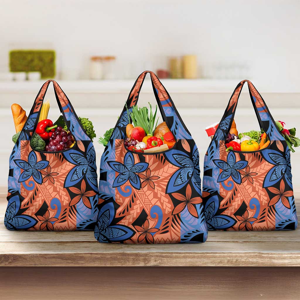 Plumeria Polynesian Pattern Grocery Bag Unique Fantasy Orange Blue LT01 3-pack One Size Orange - Polynesian Pride