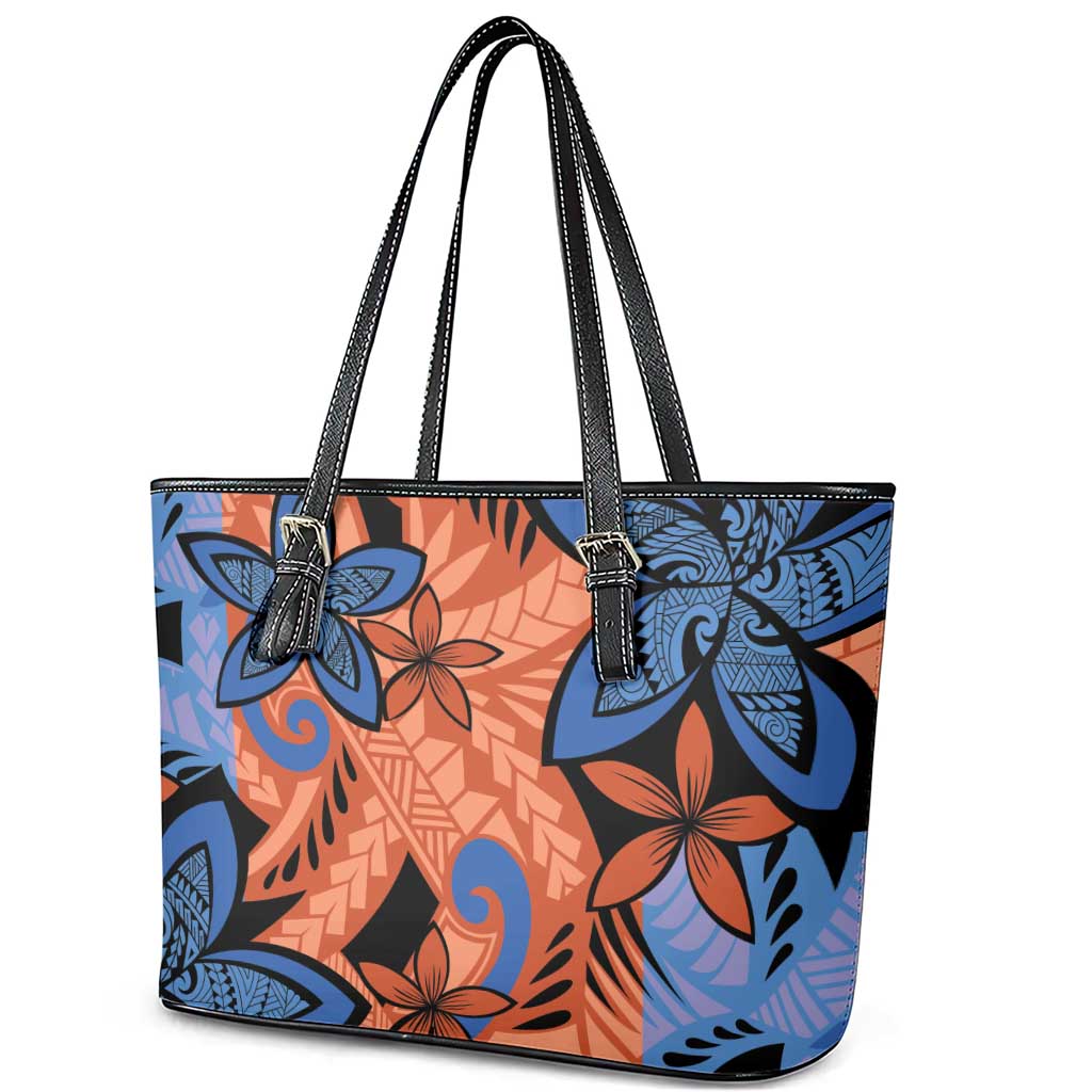 Plumeria Polynesian Pattern Leather Tote Bag Unique Fantasy Orange Blue