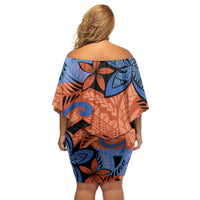 Plumeria Polynesian Pattern Off Shoulder Short Dress Unique Fantasy Orange Blue