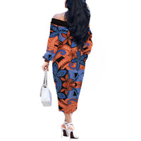 Plumeria Polynesian Pattern Off The Shoulder Long Sleeve Dress Unique Fantasy Orange Blue