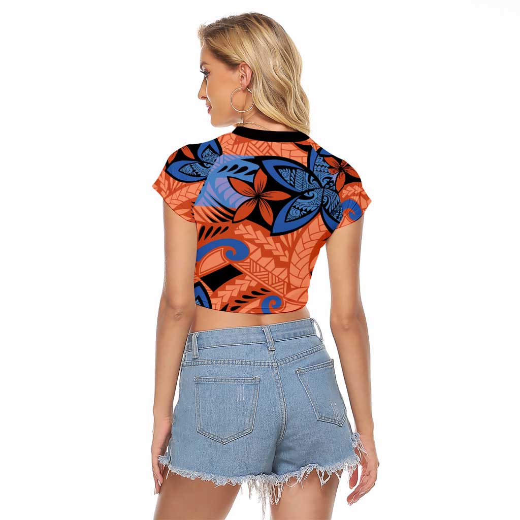 Plumeria Polynesian Pattern Raglan Cropped T Shirt Unique Fantasy Orange Blue LT01 - Polynesian Pride