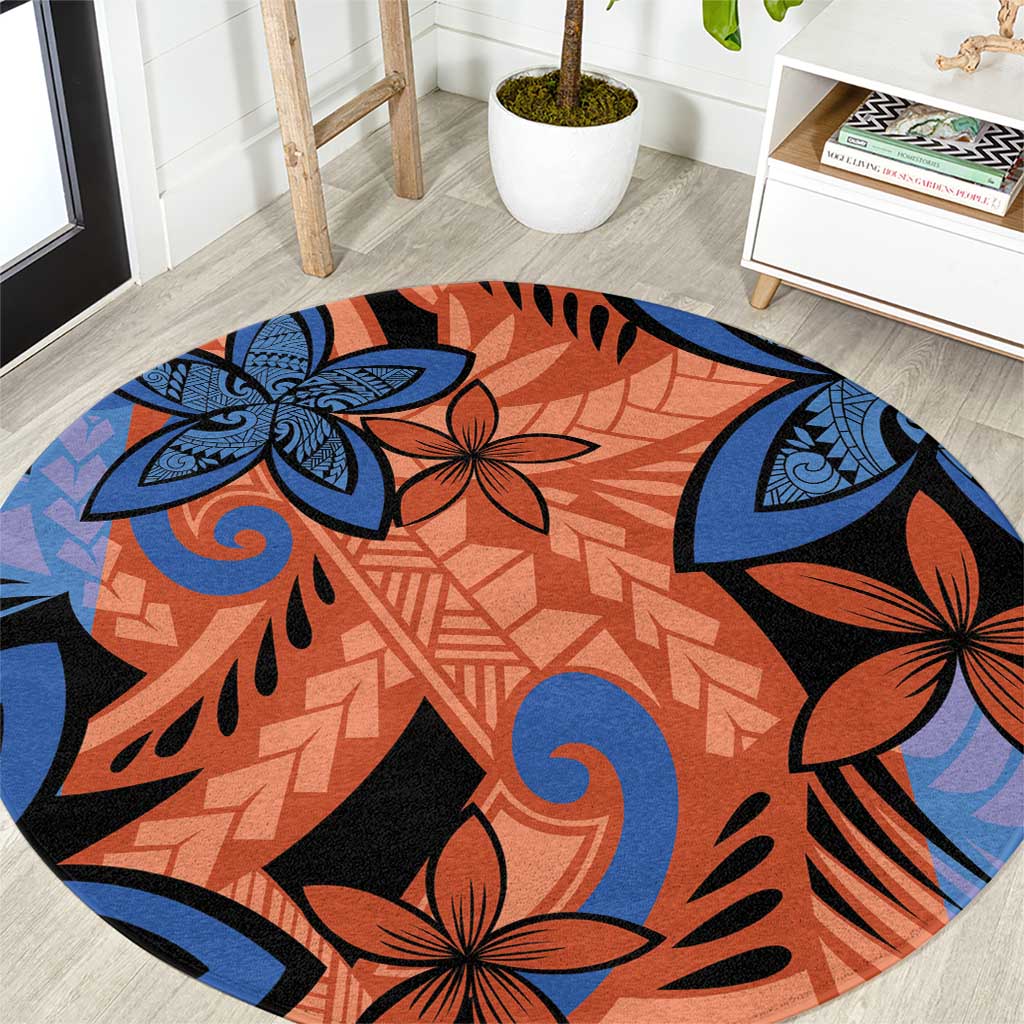 Plumeria Polynesian Pattern Round Carpet Unique Fantasy Orange Blue