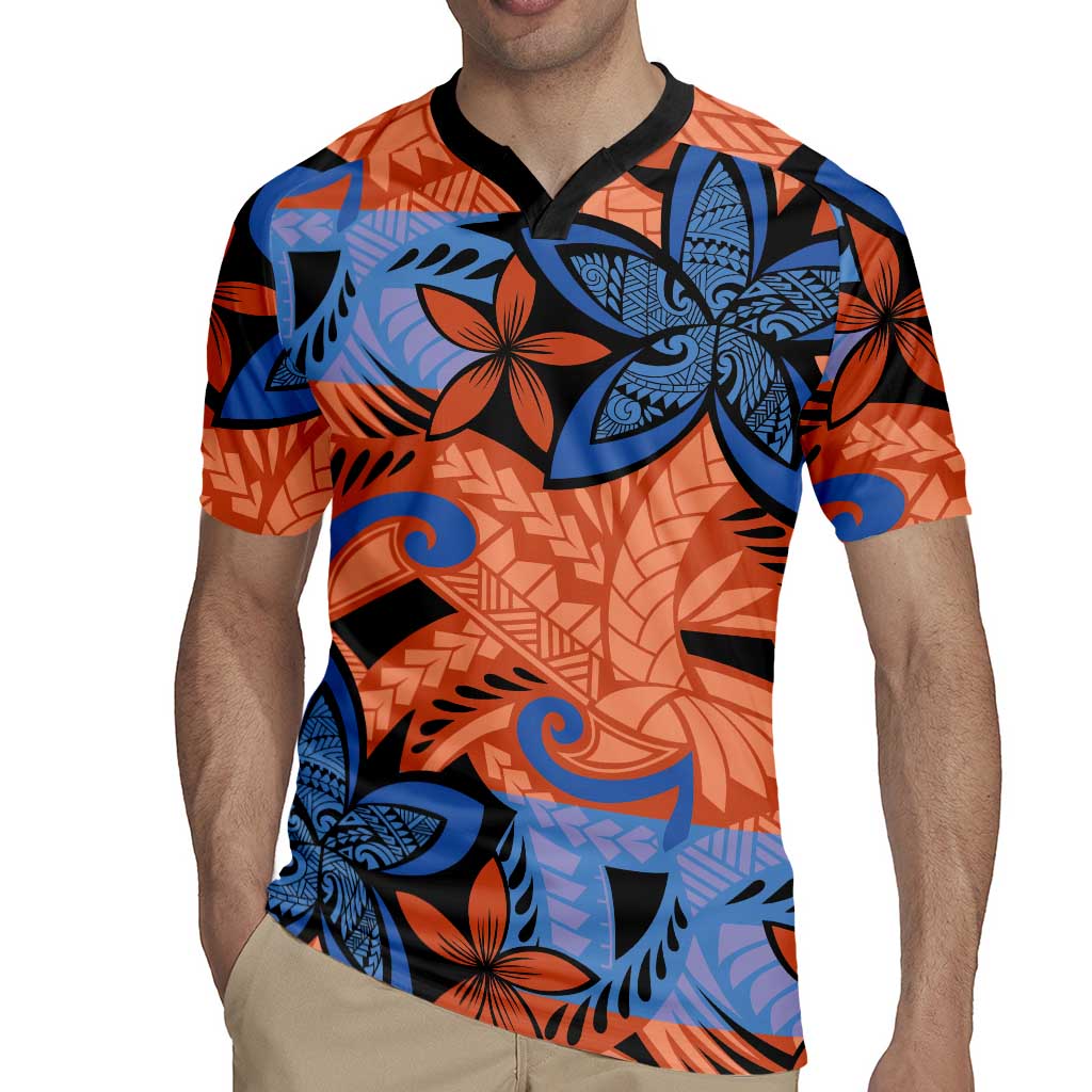 Plumeria Polynesian Pattern Rugby Jersey Unique Fantasy Orange Blue