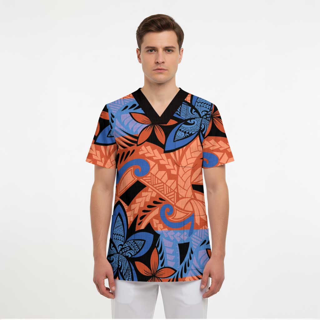 Plumeria Polynesian Pattern Scrub Top Unique Fantasy Orange Blue - Polynesian Pride