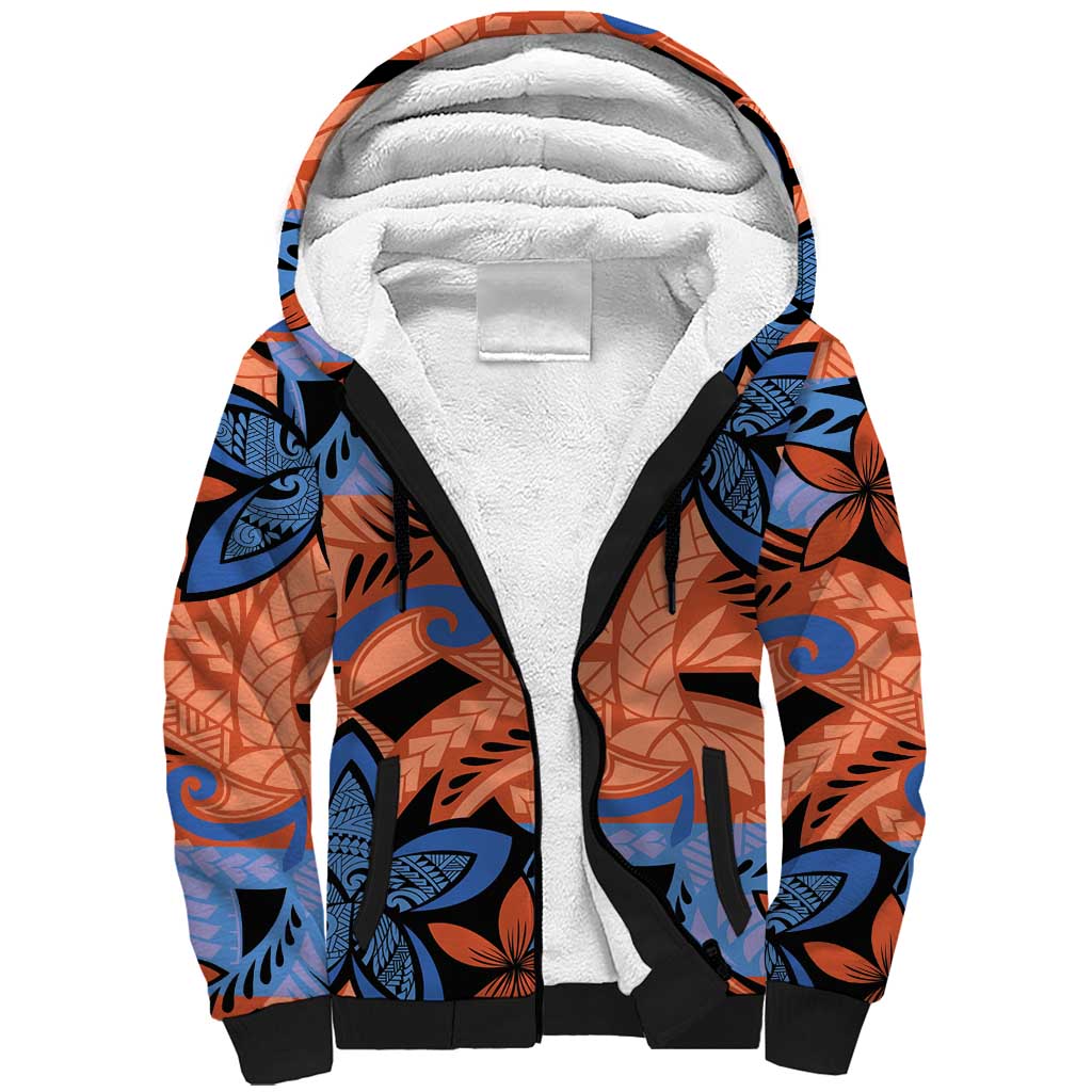 Plumeria Polynesian Pattern Sherpa Hoodie Unique Fantasy Orange Blue