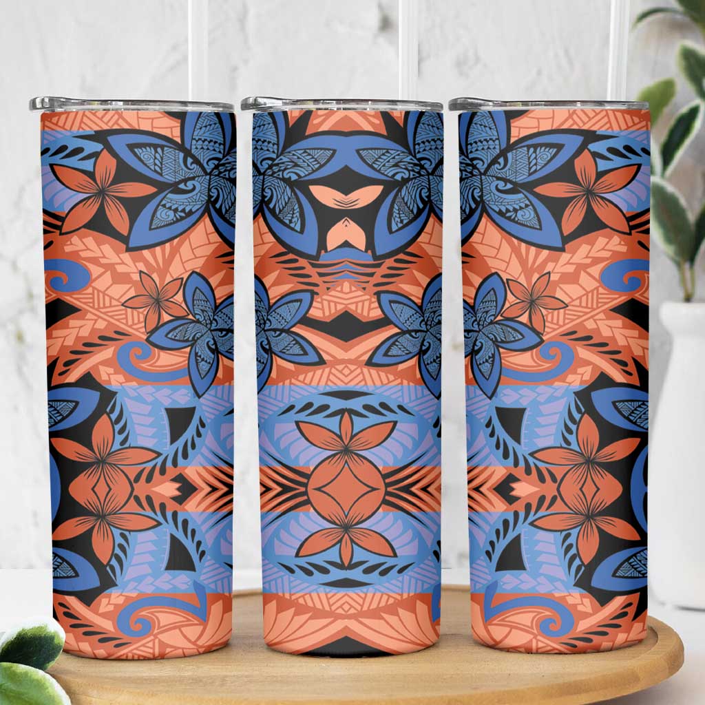 Plumeria Polynesian Pattern Skinny Tumbler Unique Fantasy Orange Blue