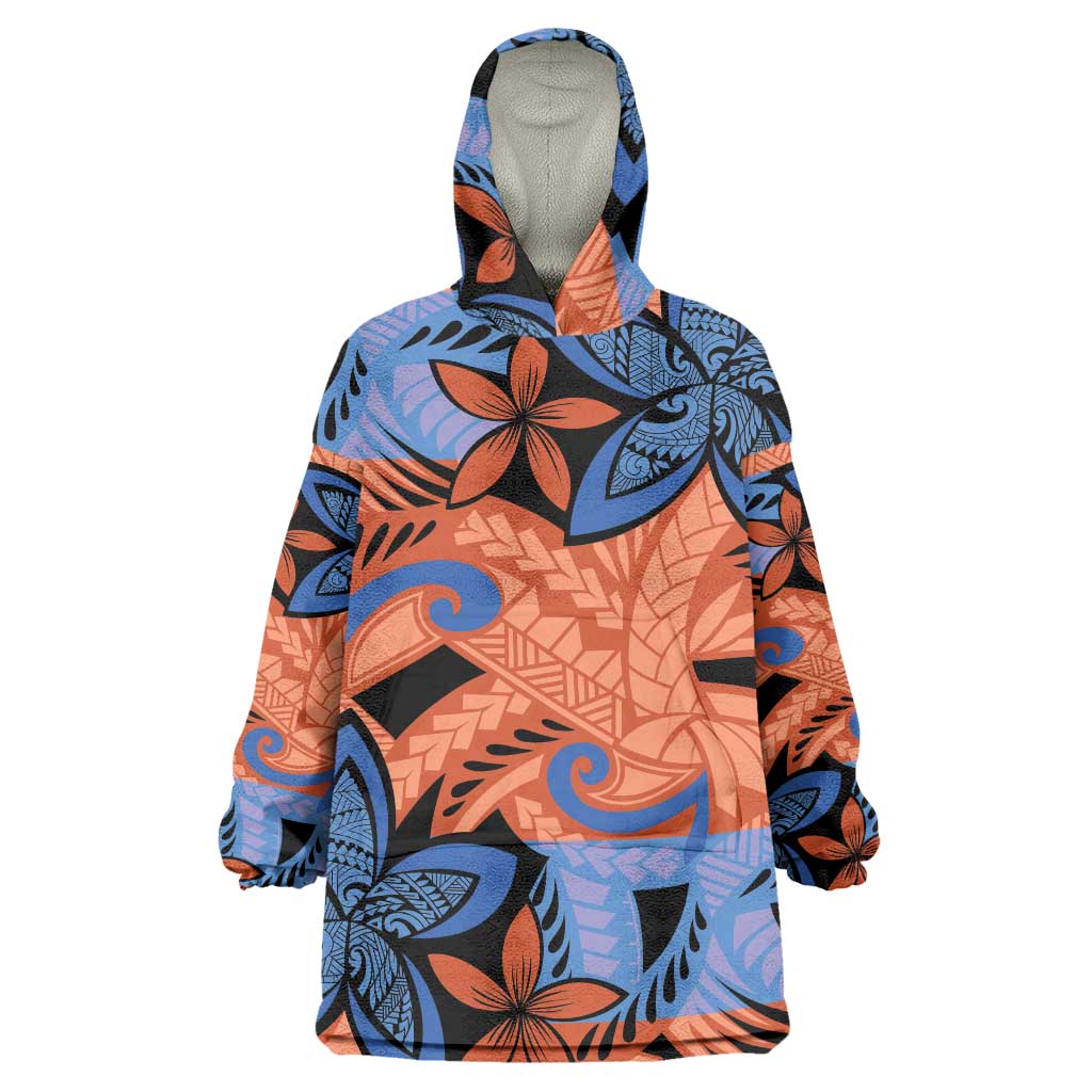 Plumeria Polynesian Pattern Wearable Blanket Hoodie Unique Fantasy Orange Blue