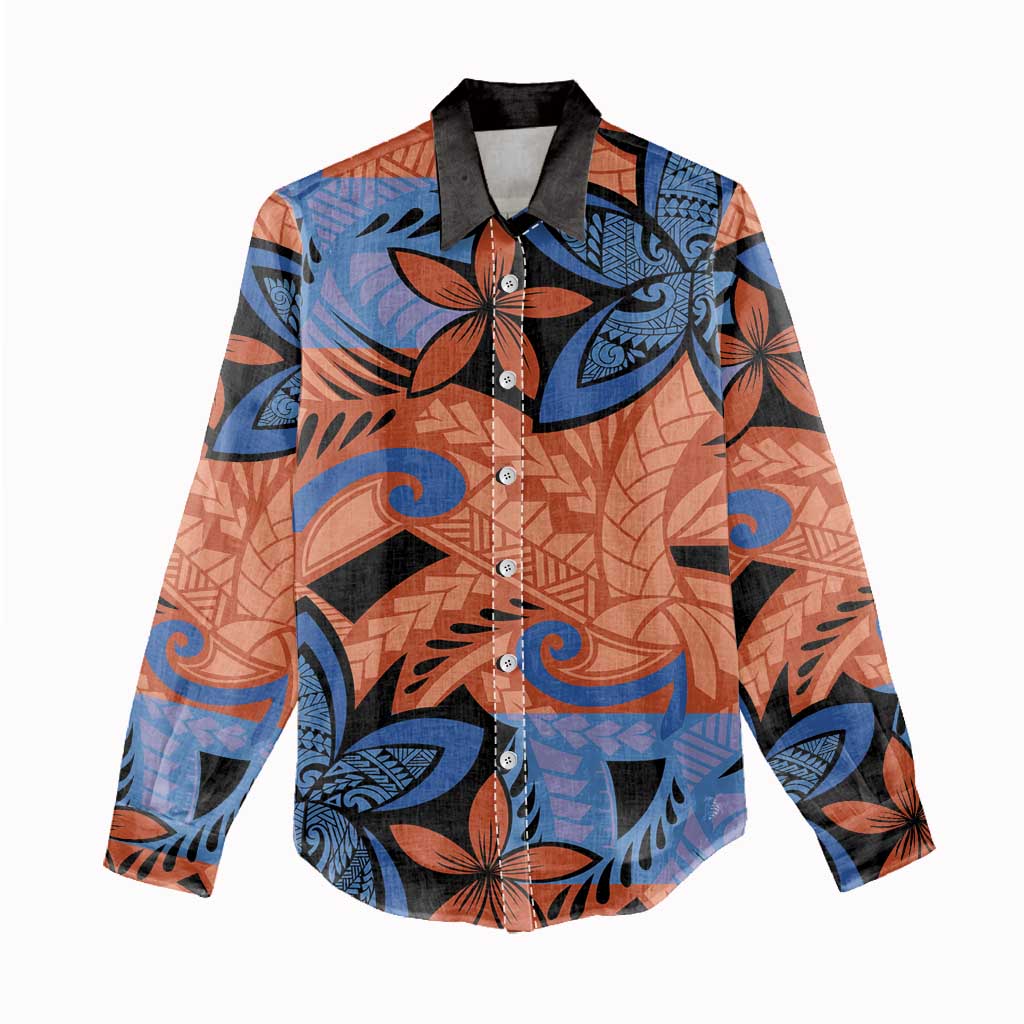 Plumeria Polynesian Pattern Women Casual Shirt Unique Fantasy Orange Blue