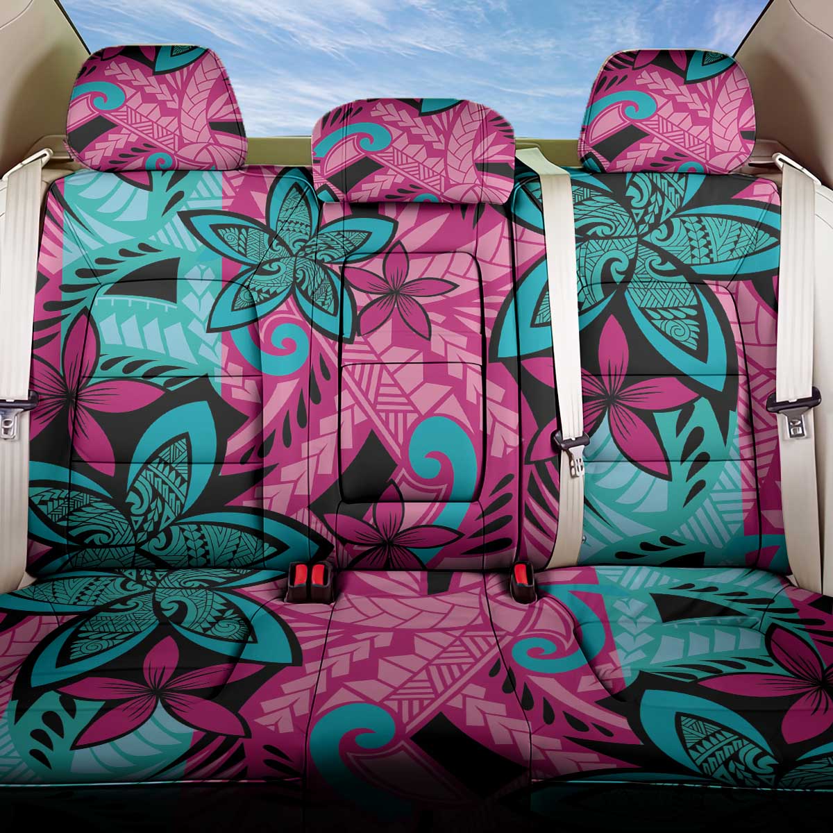 Plumeria Polynesian Pattern Back Car Seat Cover Unique Fantasy Pink Teal