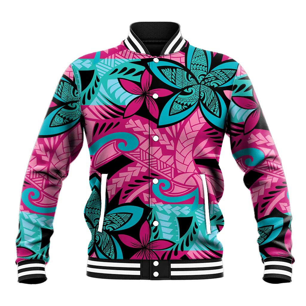 Plumeria Polynesian Pattern Baseball Jacket Unique Fantasy Pink Teal LT01 Unisex Pink - Polynesian Pride