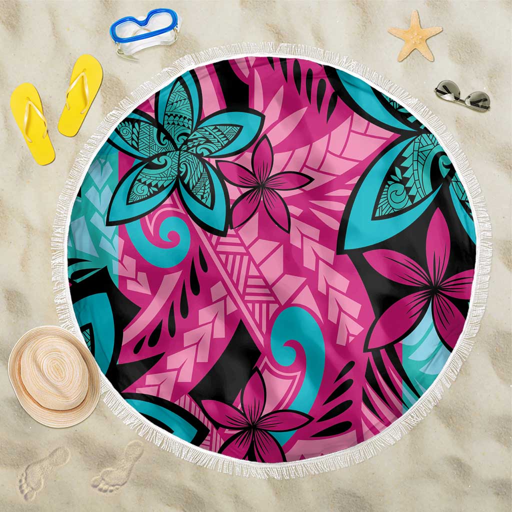 Plumeria Polynesian Pattern Beach Blanket Unique Fantasy Pink Teal