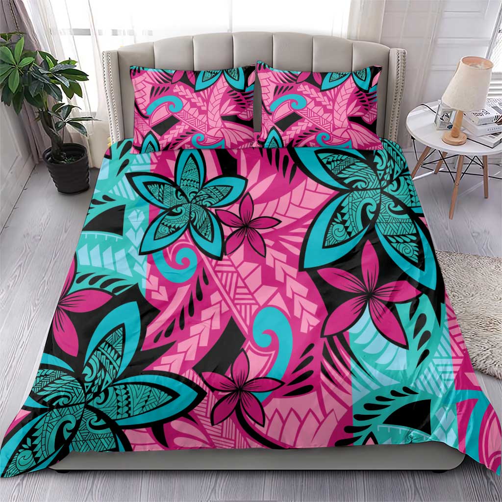 Plumeria Polynesian Pattern Bedding Set Unique Fantasy Pink Teal