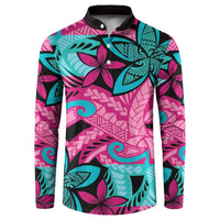Plumeria Polynesian Pattern Button Sweatshirt Unique Fantasy Pink Teal