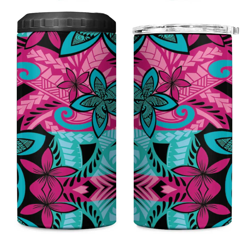 Plumeria Polynesian Pattern 4 in 1 Can Cooler Tumbler Unique Fantasy Pink Teal