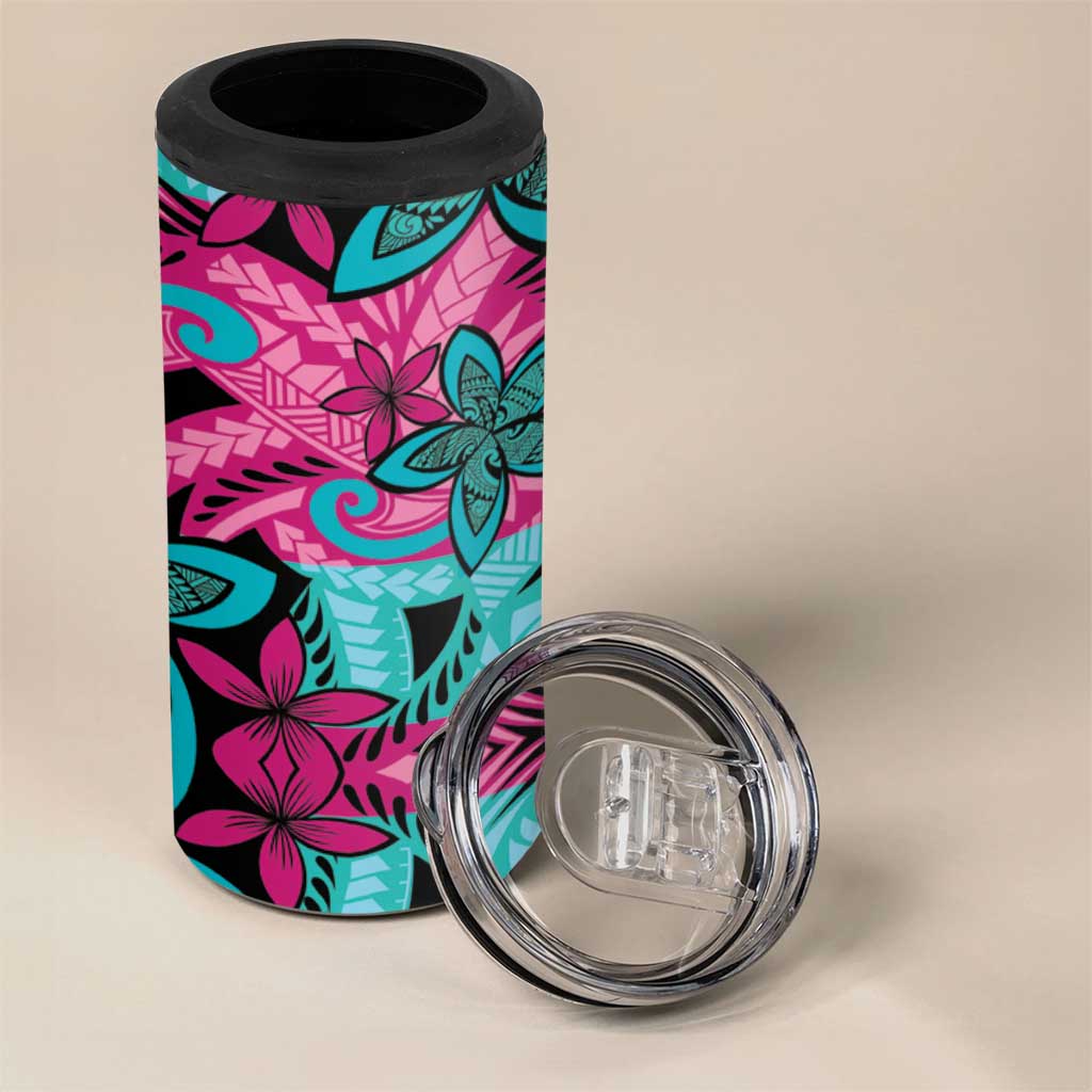 Plumeria Polynesian Pattern 4 in 1 Can Cooler Tumbler Unique Fantasy Pink Teal