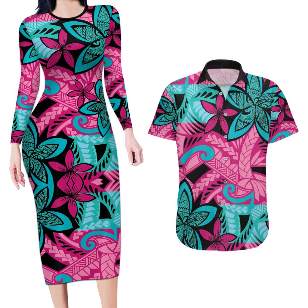 Plumeria Polynesian Pattern Couples Matching Long Sleeve Bodycon Dress and Hawaiian Shirt Unique Fantasy Pink Teal