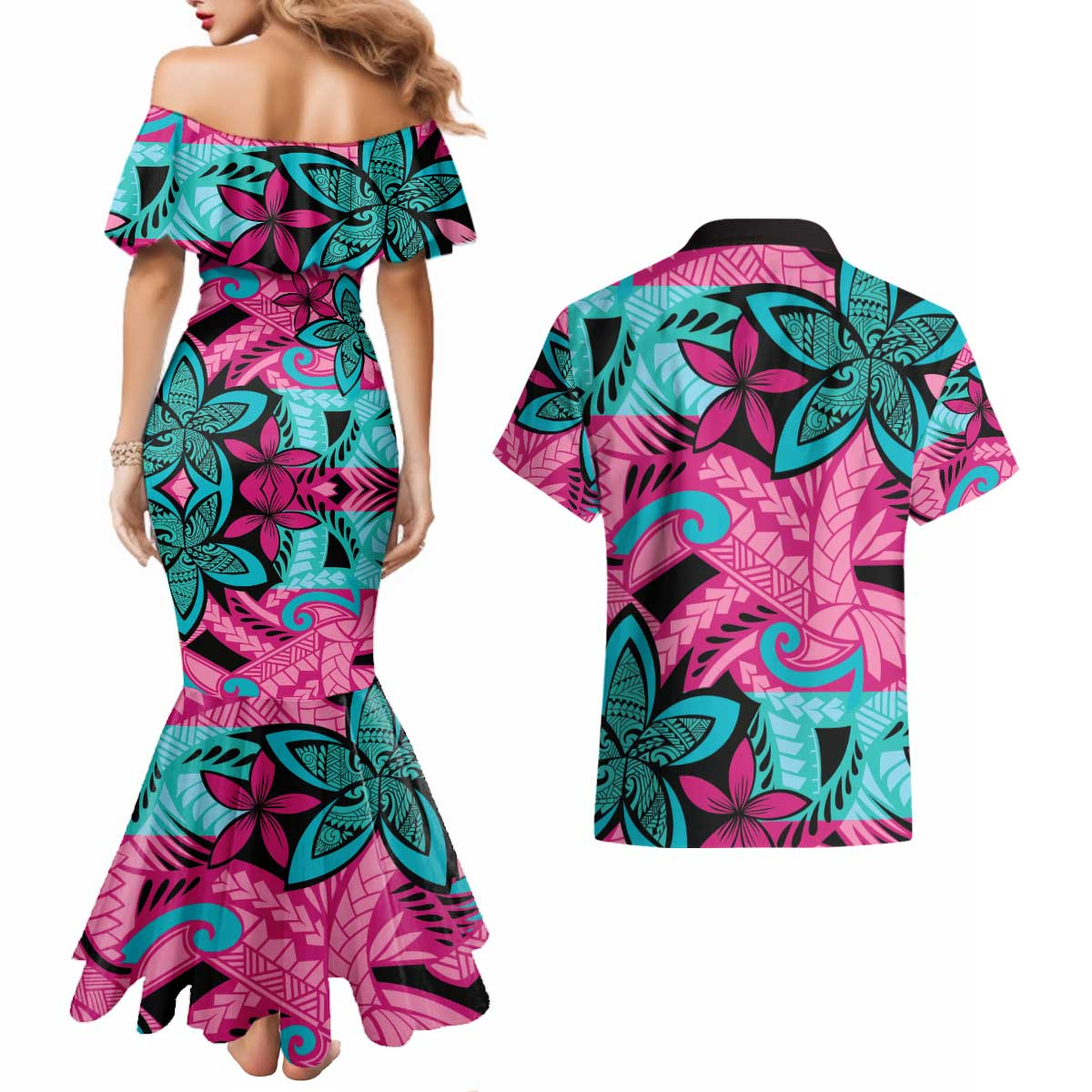 Plumeria Polynesian Pattern Couples Matching Mermaid Dress and Hawaiian Shirt Unique Fantasy Pink Teal