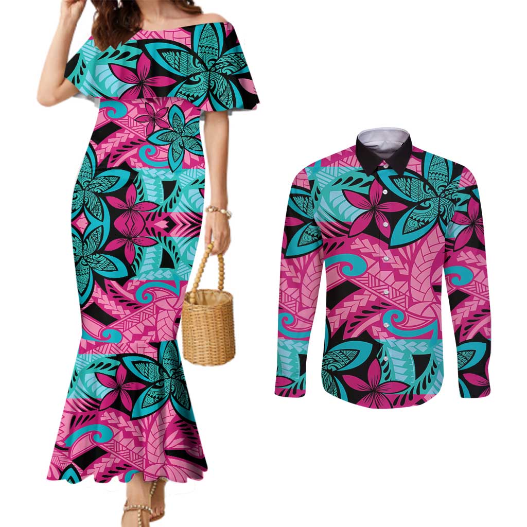 Plumeria Polynesian Pattern Couples Matching Mermaid Dress and Long Sleeve Button Shirt Unique Fantasy Pink Teal LT01 Pink - Polynesian Pride