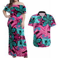 Plumeria Polynesian Pattern Couples Matching Off Shoulder Maxi Dress and Hawaiian Shirt Unique Fantasy Pink Teal