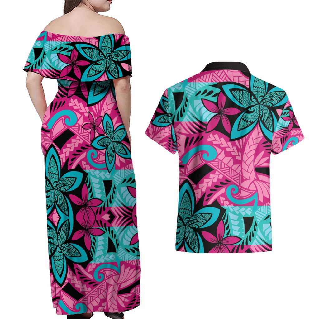 Plumeria Polynesian Pattern Couples Matching Off Shoulder Maxi Dress and Hawaiian Shirt Unique Fantasy Pink Teal