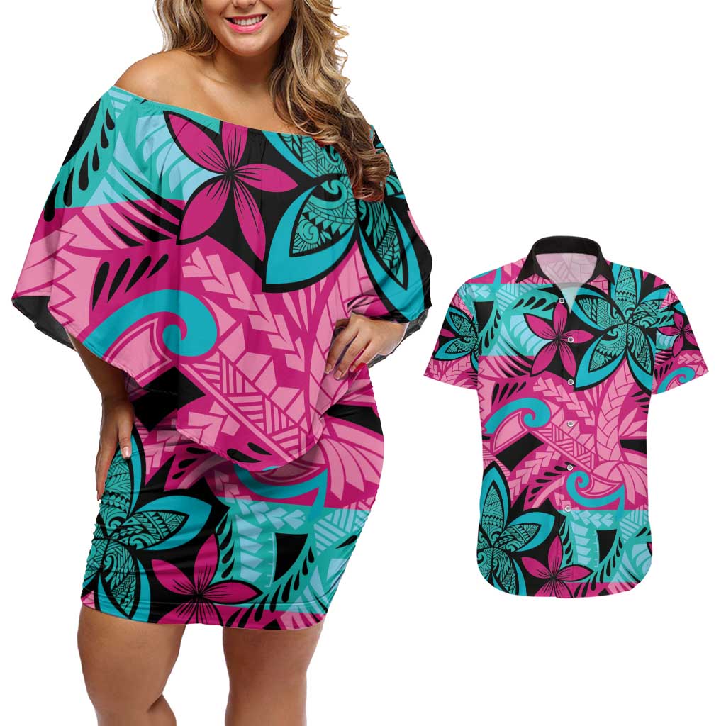 Plumeria Polynesian Pattern Couples Matching Off Shoulder Short Dress and Hawaiian Shirt Unique Fantasy Pink Teal