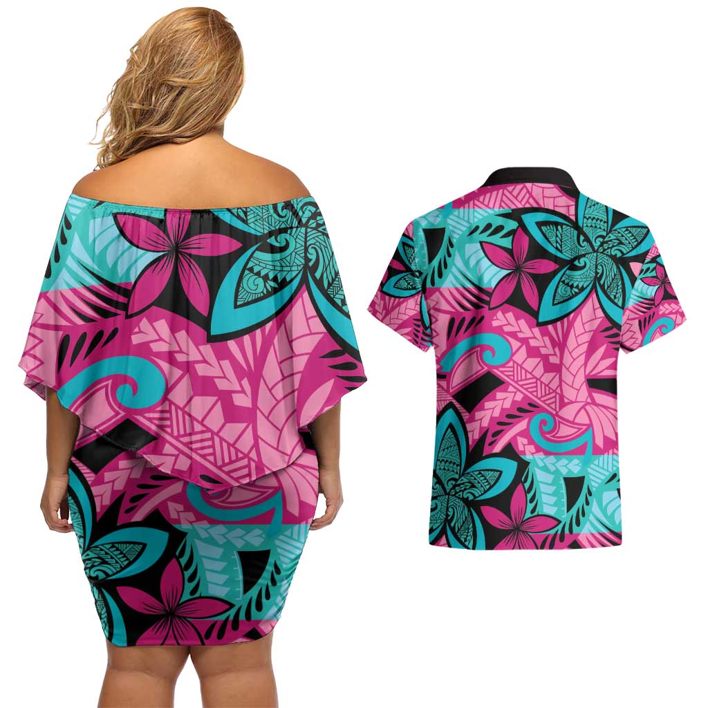 Plumeria Polynesian Pattern Couples Matching Off Shoulder Short Dress and Hawaiian Shirt Unique Fantasy Pink Teal