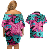 Plumeria Polynesian Pattern Couples Matching Off Shoulder Short Dress and Hawaiian Shirt Unique Fantasy Pink Teal