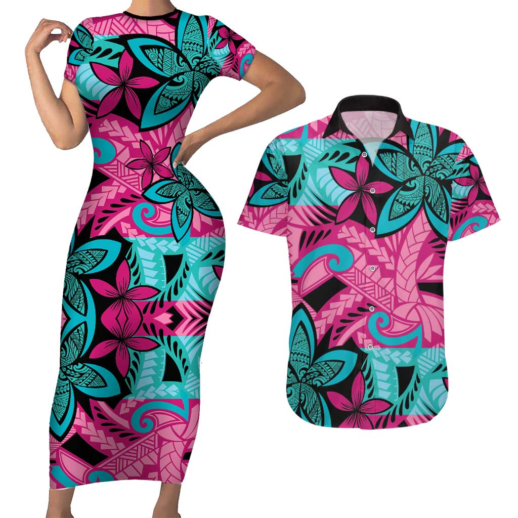 Plumeria Polynesian Pattern Couples Matching Short Sleeve Bodycon Dress and Hawaiian Shirt Unique Fantasy Pink Teal