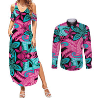 Plumeria Polynesian Pattern Couples Matching Summer Maxi Dress and Long Sleeve Button Shirt Unique Fantasy Pink Teal
