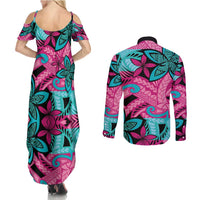 Plumeria Polynesian Pattern Couples Matching Summer Maxi Dress and Long Sleeve Button Shirt Unique Fantasy Pink Teal