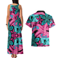Plumeria Polynesian Pattern Couples Matching Tank Maxi Dress and Hawaiian Shirt Unique Fantasy Pink Teal