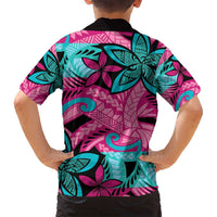 Plumeria Polynesian Pattern Family Matching Long Sleeve Bodycon Dress and Hawaiian Shirt Unique Fantasy Pink Teal