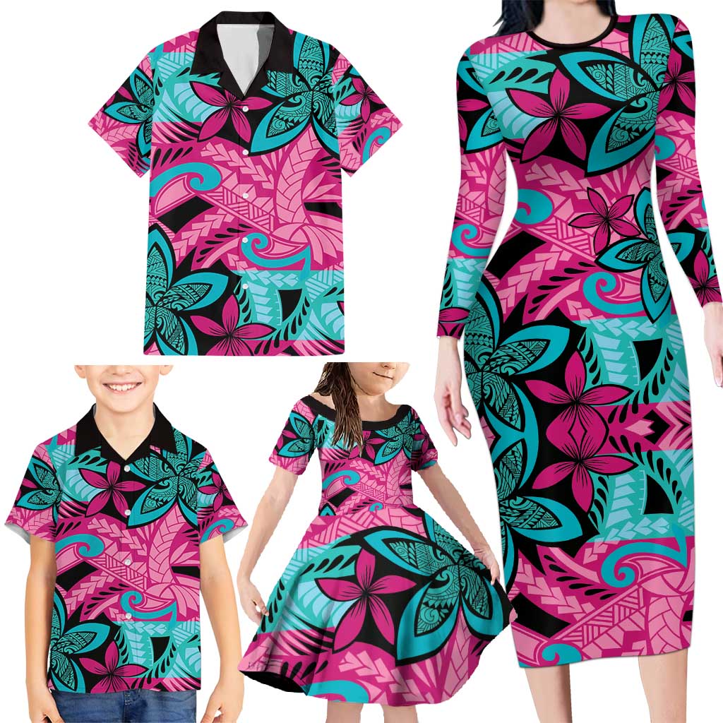 Plumeria Polynesian Pattern Family Matching Long Sleeve Bodycon Dress and Hawaiian Shirt Unique Fantasy Pink Teal