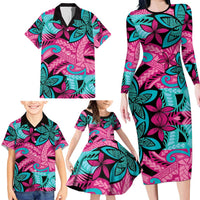 Plumeria Polynesian Pattern Family Matching Long Sleeve Bodycon Dress and Hawaiian Shirt Unique Fantasy Pink Teal