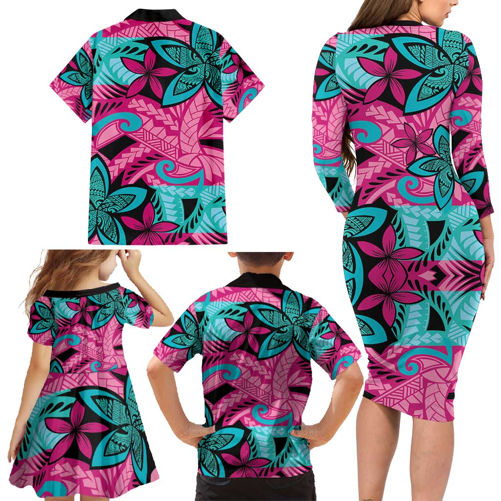 Plumeria Polynesian Pattern Family Matching Long Sleeve Bodycon Dress and Hawaiian Shirt Unique Fantasy Pink Teal