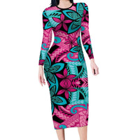 Plumeria Polynesian Pattern Family Matching Long Sleeve Bodycon Dress and Hawaiian Shirt Unique Fantasy Pink Teal