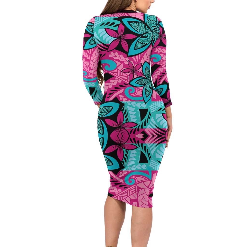Plumeria Polynesian Pattern Family Matching Long Sleeve Bodycon Dress and Hawaiian Shirt Unique Fantasy Pink Teal