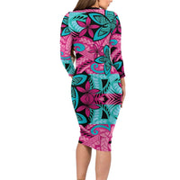 Plumeria Polynesian Pattern Family Matching Long Sleeve Bodycon Dress and Hawaiian Shirt Unique Fantasy Pink Teal