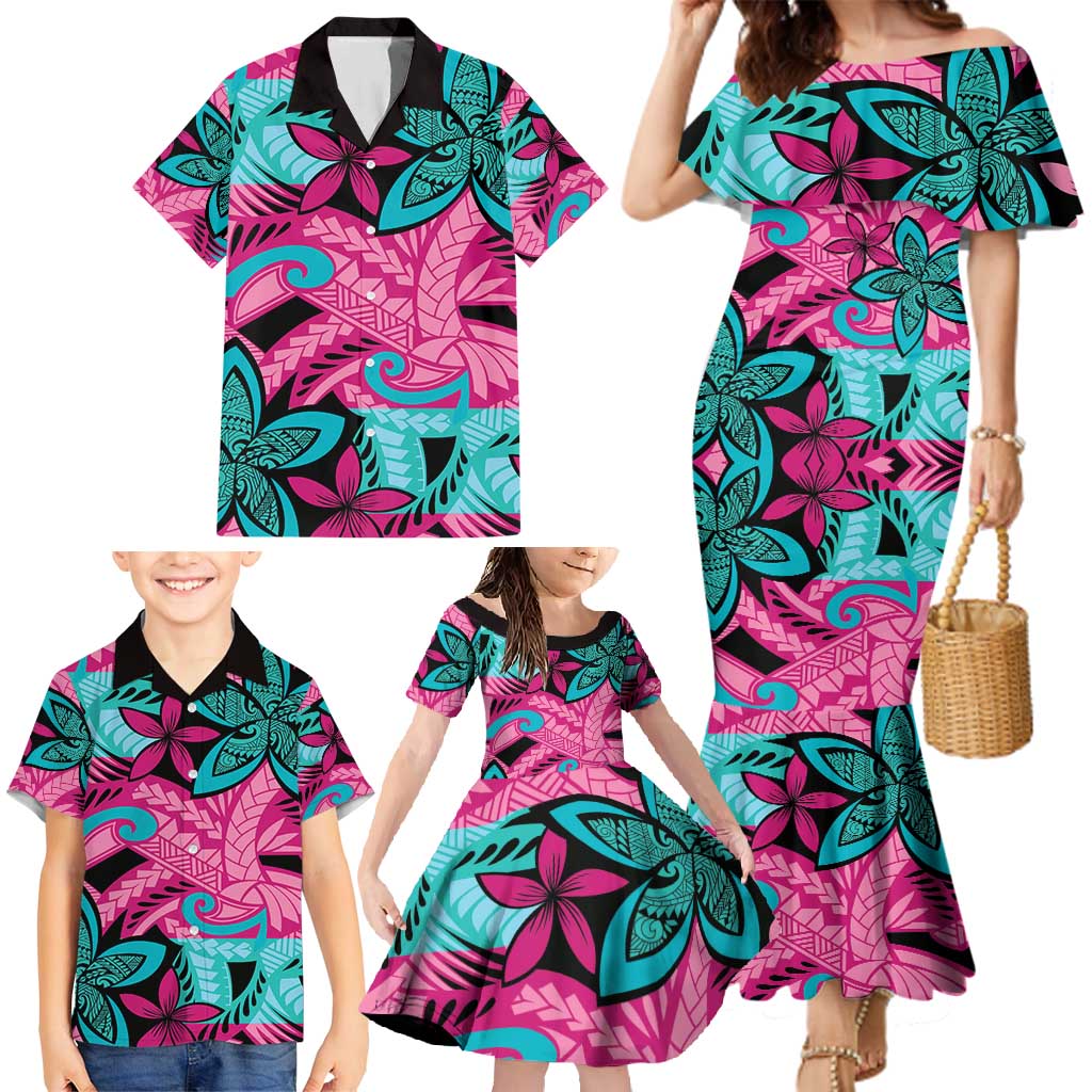 Plumeria Polynesian Pattern Family Matching Mermaid Dress and Hawaiian Shirt Unique Fantasy Pink Teal