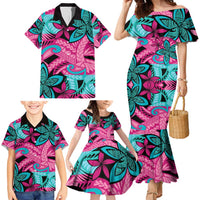 Plumeria Polynesian Pattern Family Matching Mermaid Dress and Hawaiian Shirt Unique Fantasy Pink Teal