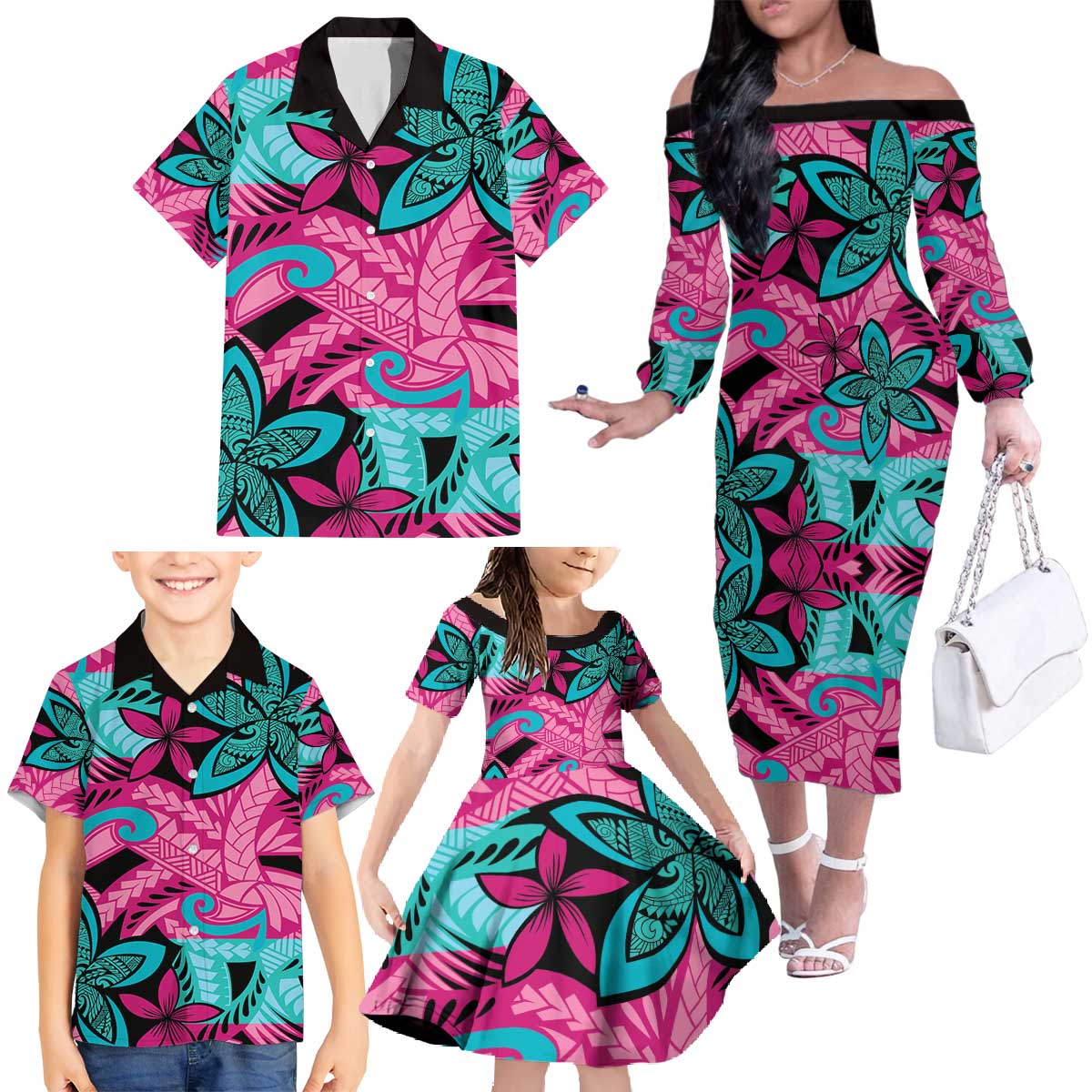 Plumeria Polynesian Pattern Family Matching Off The Shoulder Long Sleeve Dress and Hawaiian Shirt Unique Fantasy Pink Teal