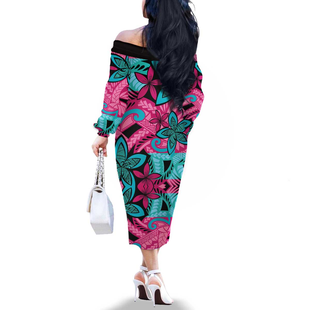 Plumeria Polynesian Pattern Family Matching Off The Shoulder Long Sleeve Dress and Hawaiian Shirt Unique Fantasy Pink Teal