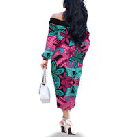 Plumeria Polynesian Pattern Family Matching Off The Shoulder Long Sleeve Dress and Hawaiian Shirt Unique Fantasy Pink Teal