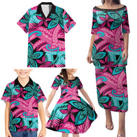 Plumeria Polynesian Pattern Family Matching Puletasi and Hawaiian Shirt Unique Fantasy Pink Teal