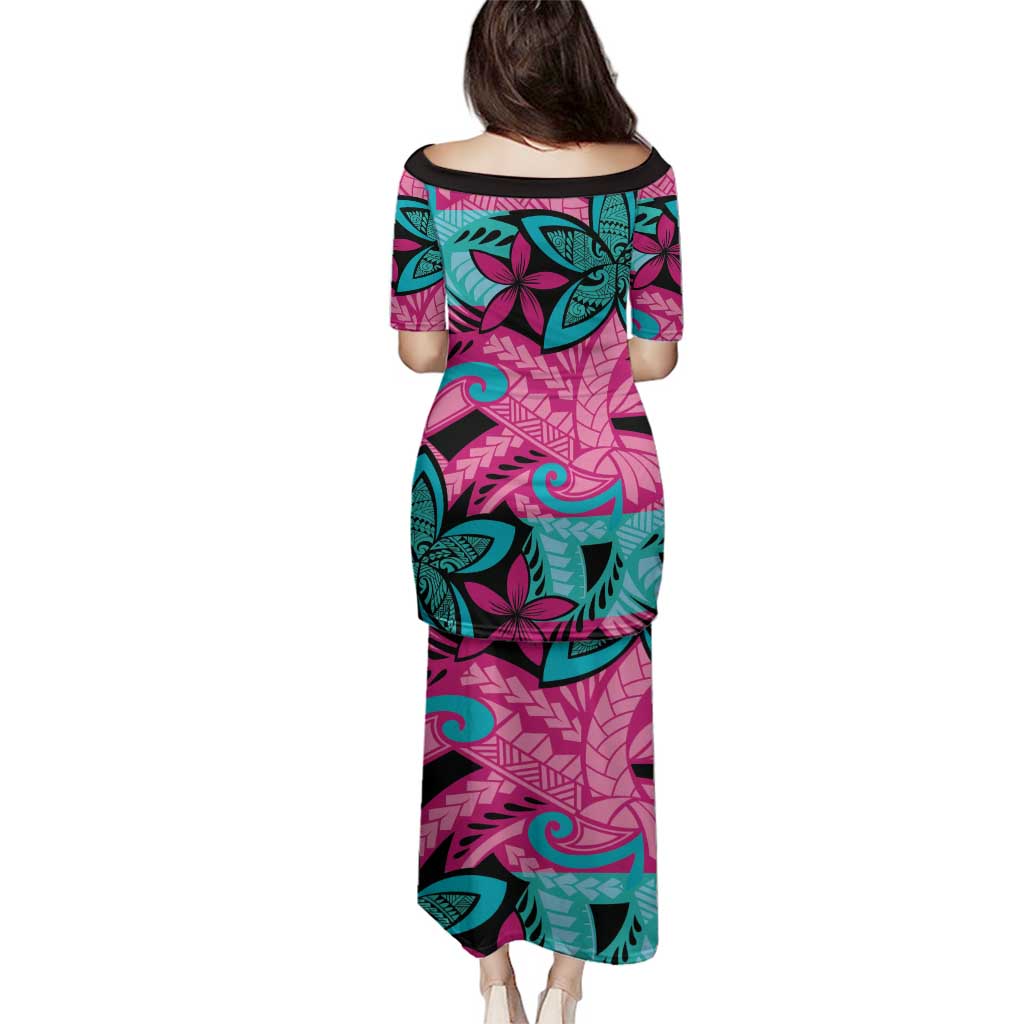 Plumeria Polynesian Pattern Family Matching Puletasi and Hawaiian Shirt Unique Fantasy Pink Teal